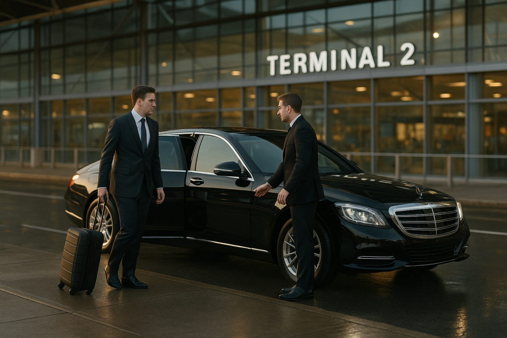 Executive limo pickup at OHare Airport in Chicago chauffeur opening door for business traveler